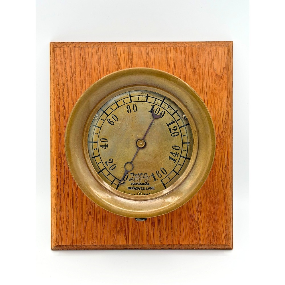 Antique Ashton Valve Gauge Thermometer Boston Mass Brass Industrial Wood Mount